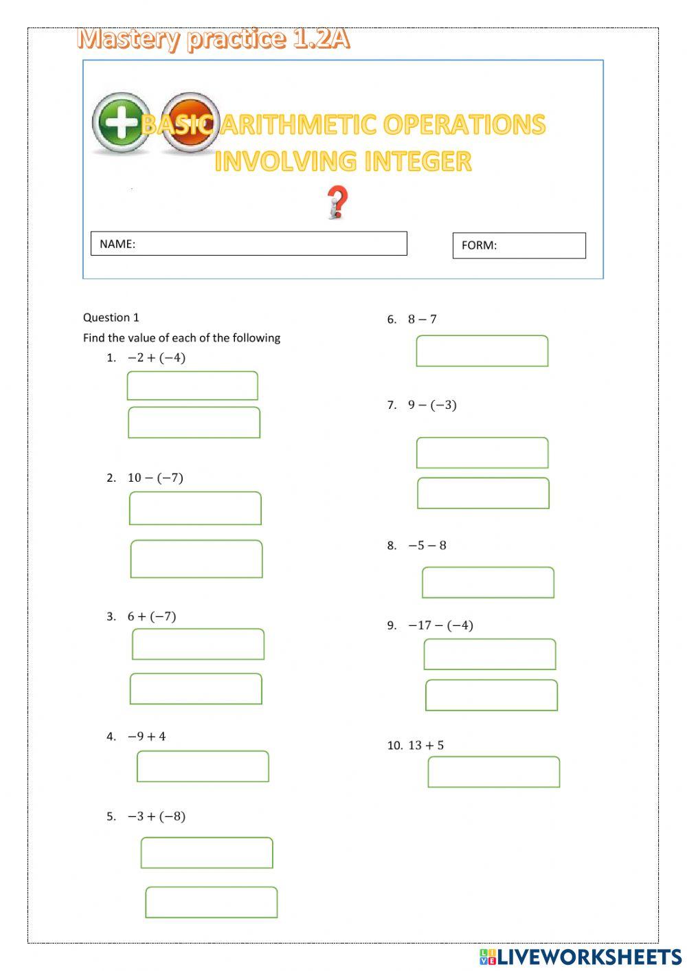 Addition and subtraction of integer worksheet Live Worksheets