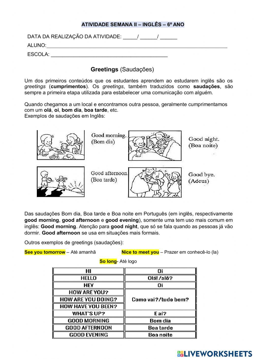 INGLÊS - 6° ANO - SEMANA 2 - 