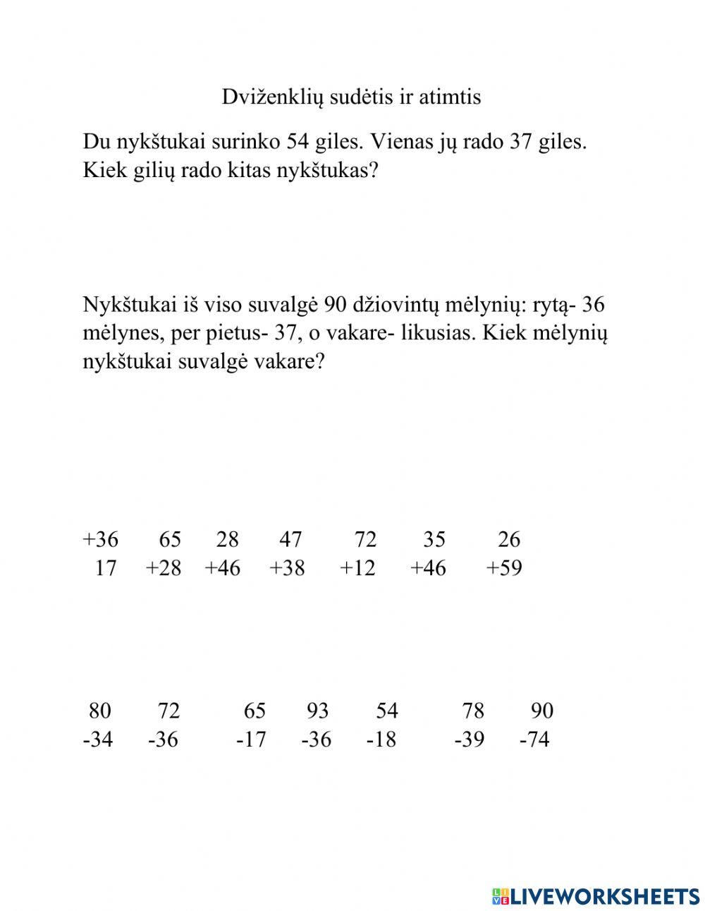 Dviženklių skaičių sudėtis ir atimtis