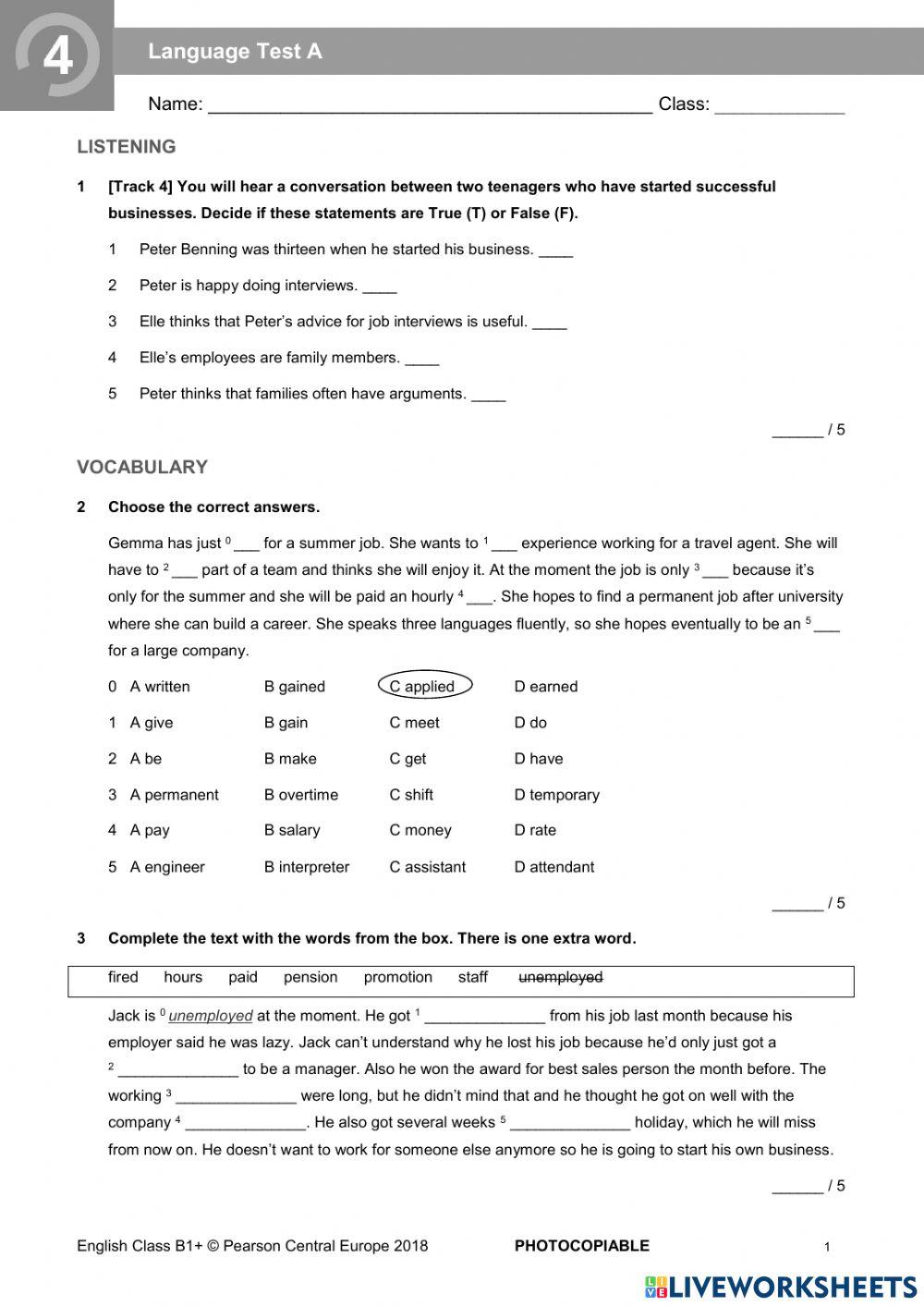 English Class B1 Unit 4 Test English Class B1+ Test unit 4 online exercise for | Live Worksheets