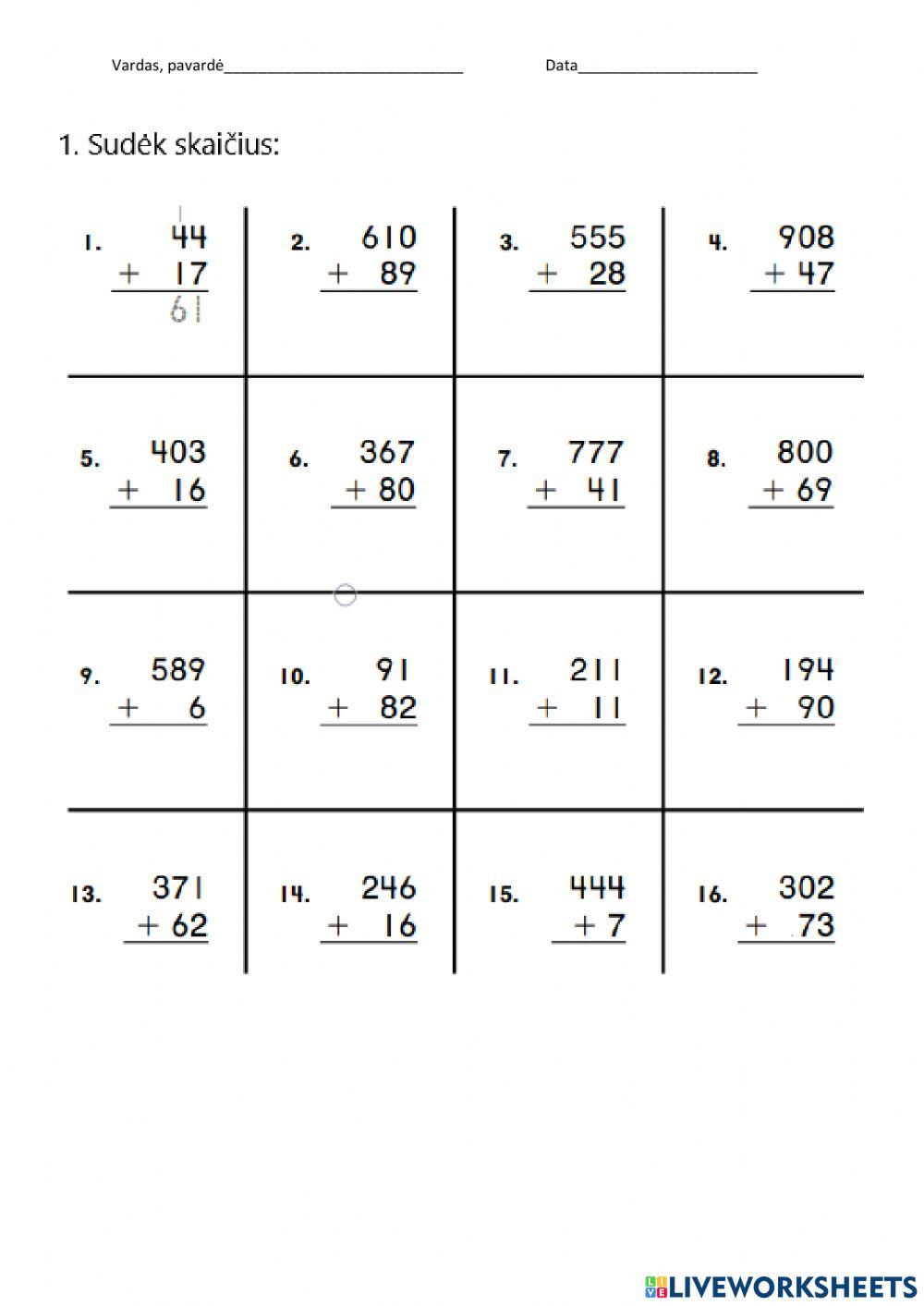 Triženklių ir dviženklių skaičių sudėtis