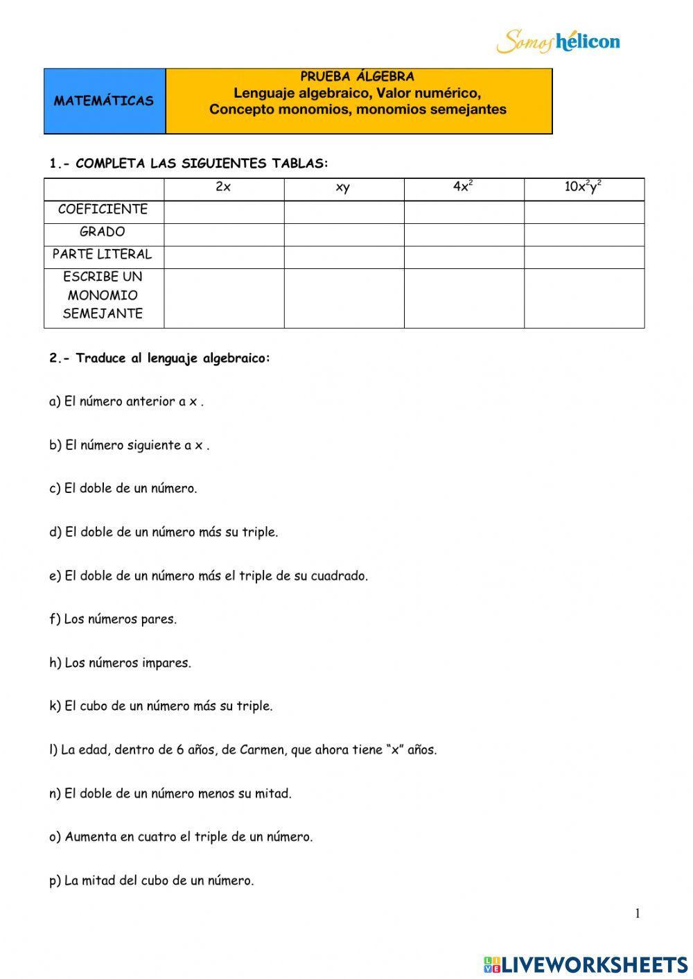 Prueba álgebra y operaciones monomios 1º ESO