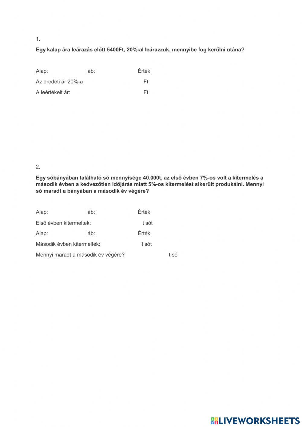 Százalék gyakorlatban