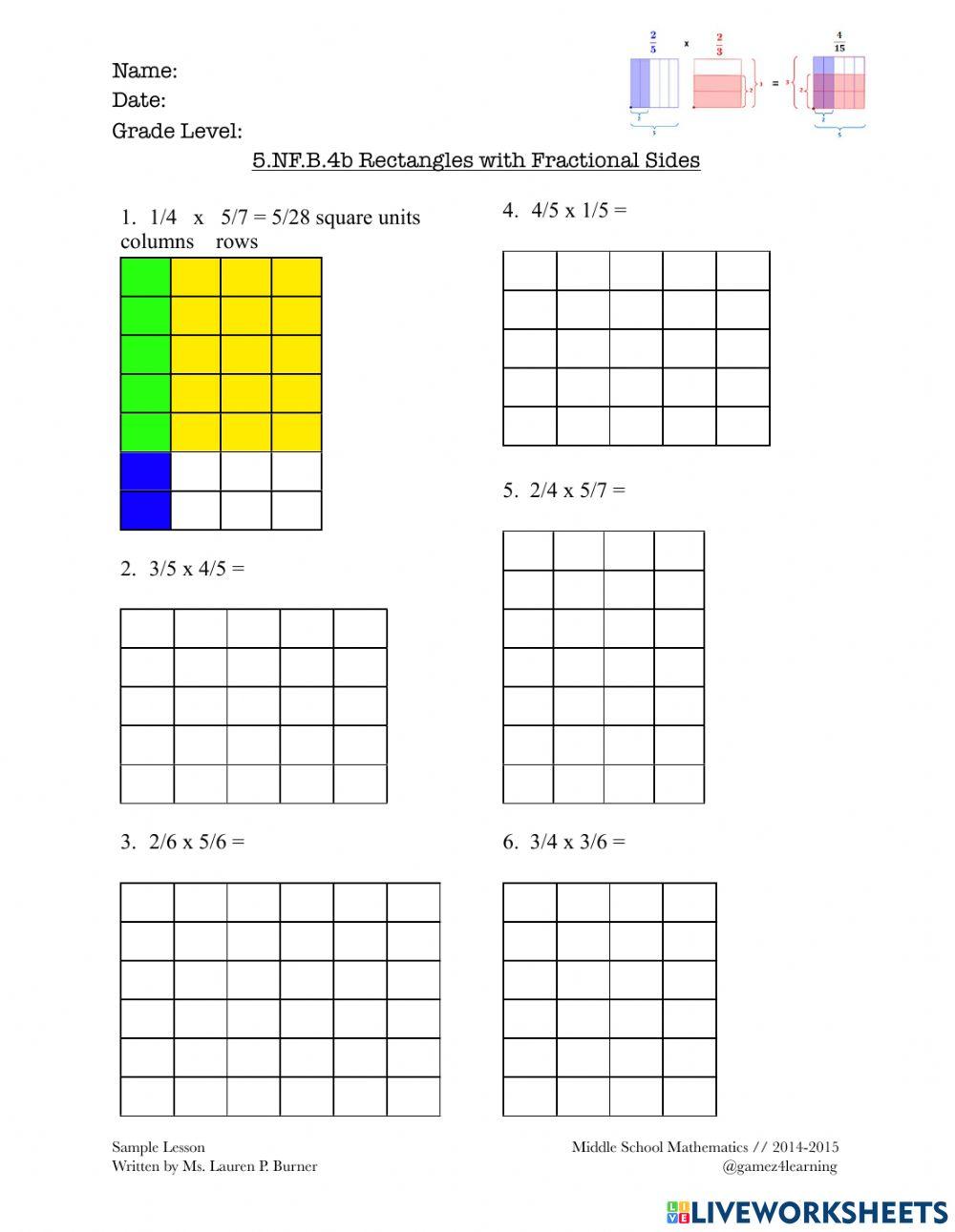 Area of rectangle with fractions online exercise for live worksheets
