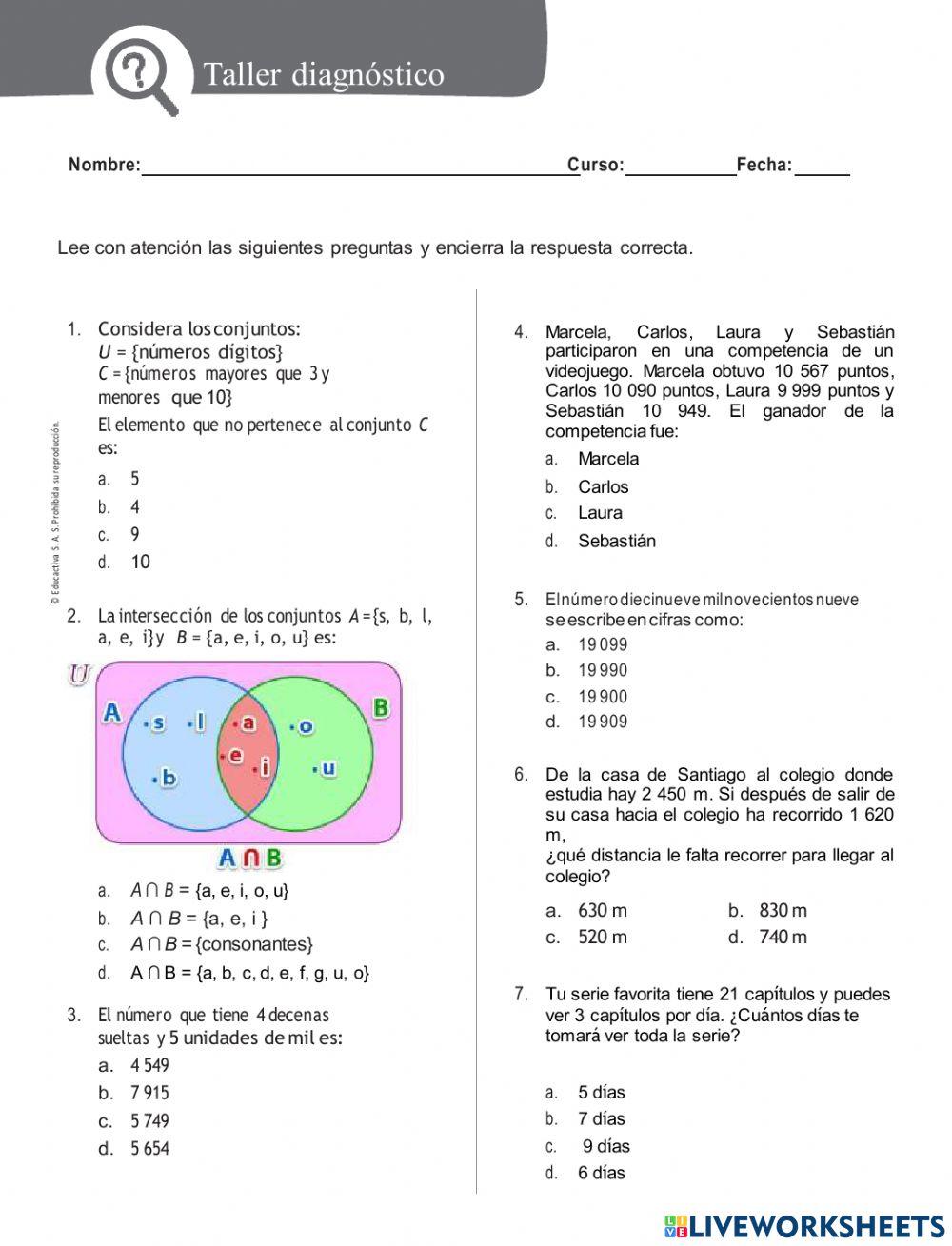 Taller diagnosticoMatemáticas 3°