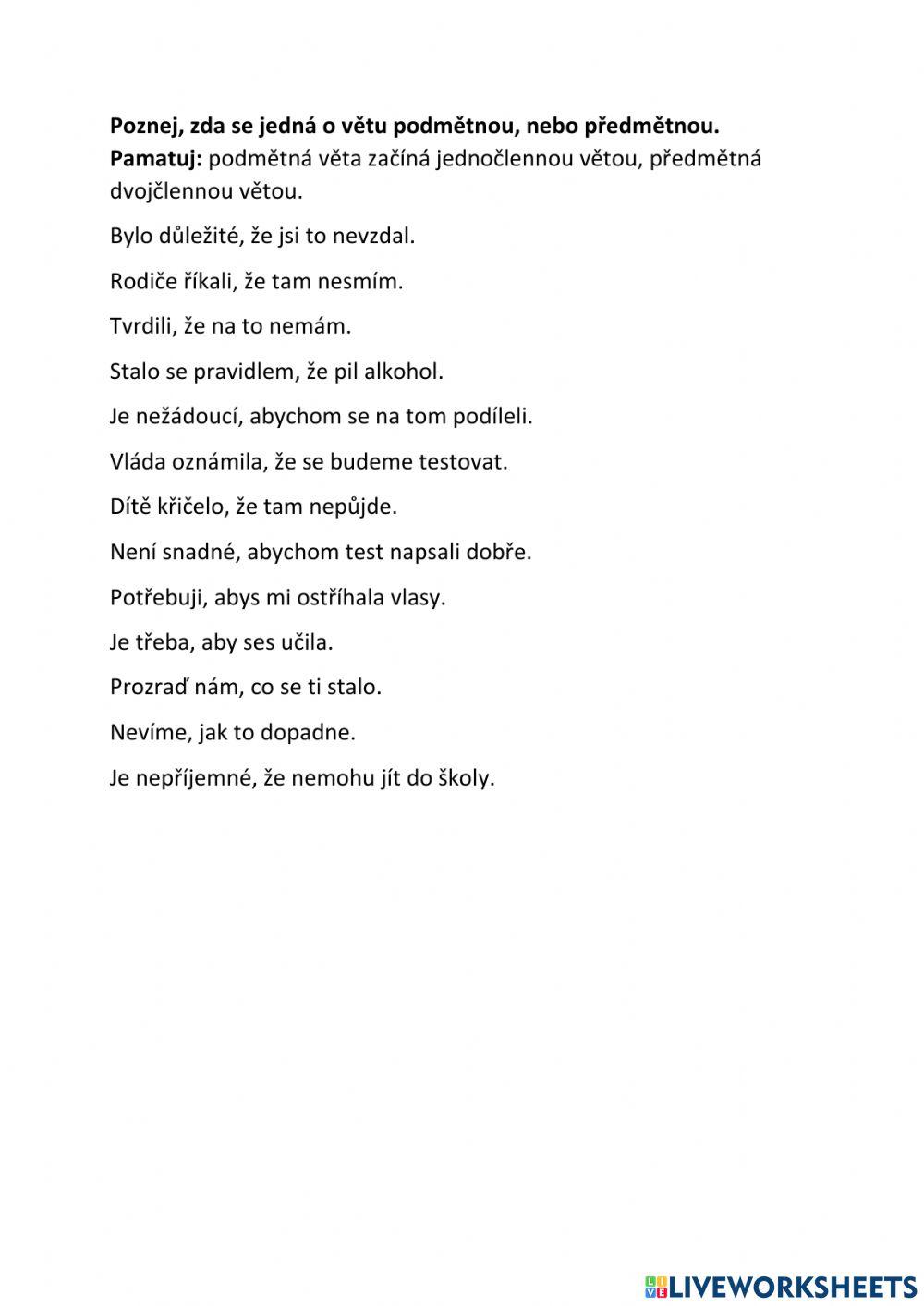 Vedlejší věty - podmětná, předmětná, předmět