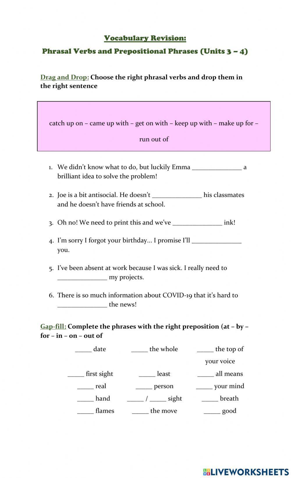 FCE Phrasal Verbs and Prepositional Phrases I