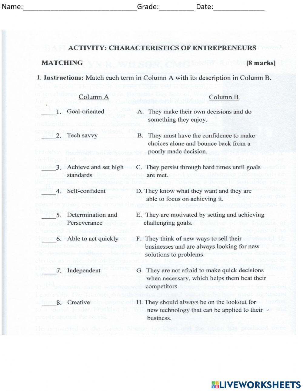 Characteristics of an Entrepreneur