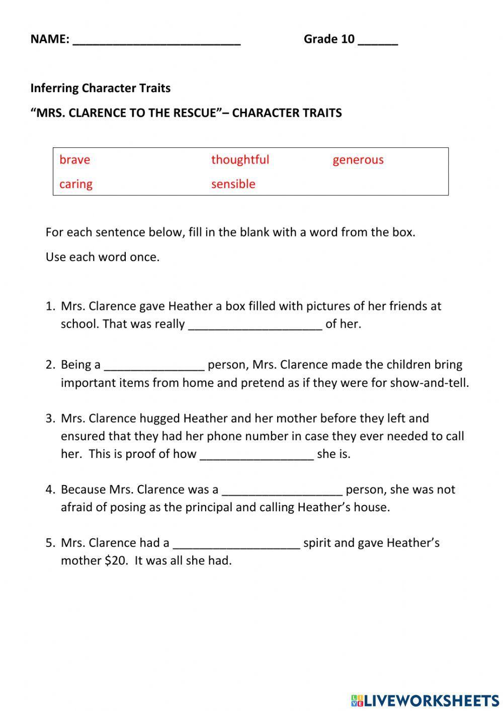 Inferring Character Traits Worksheets Grade 3