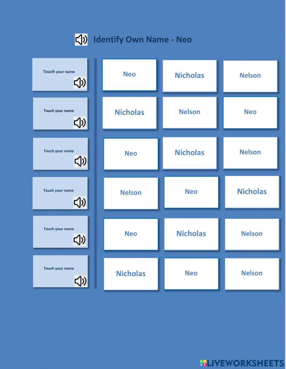 Identify own name - Neo worksheet | Live Worksheets