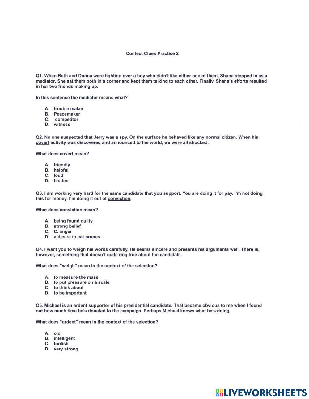 Context Clues Practice Context Clues Practice