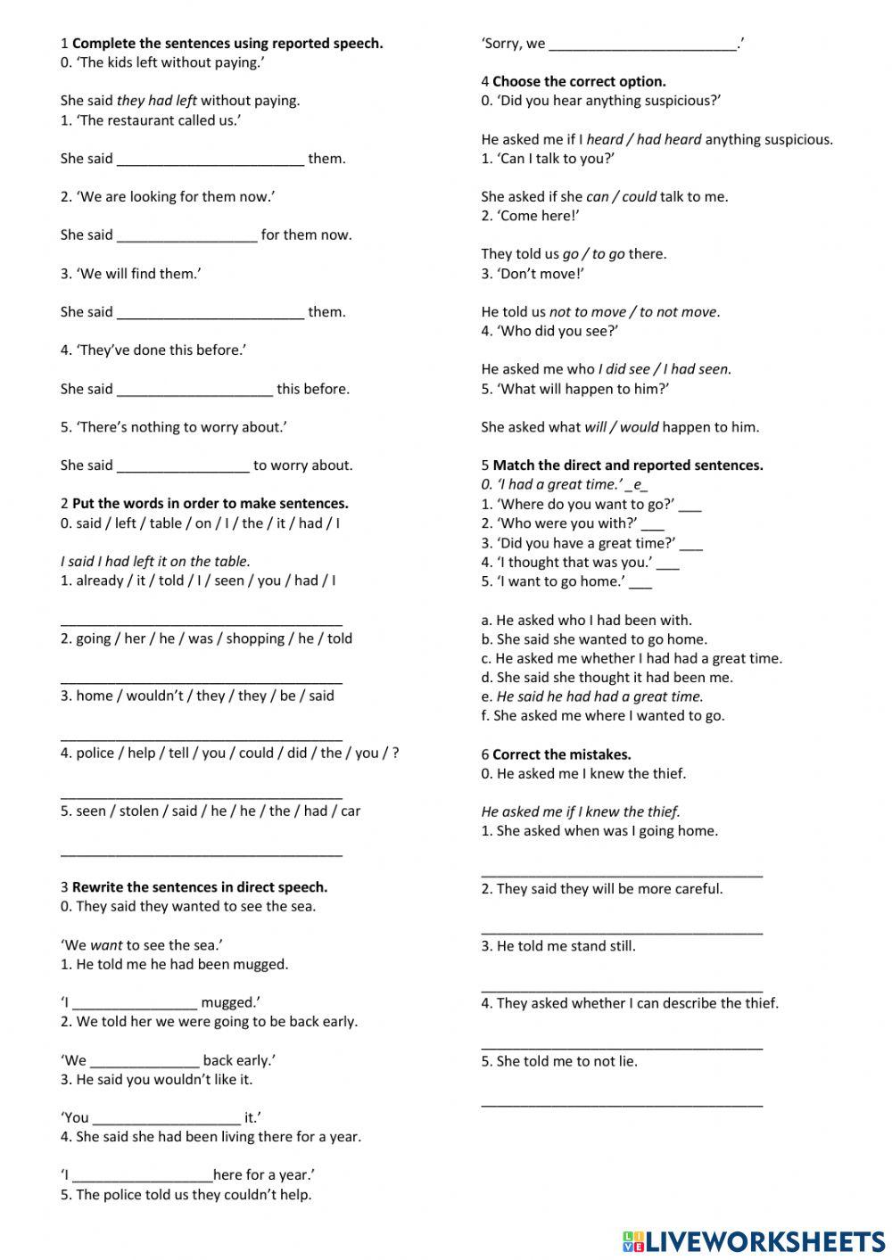 Reported speech online exercise for Intermediate | Live Worksheets