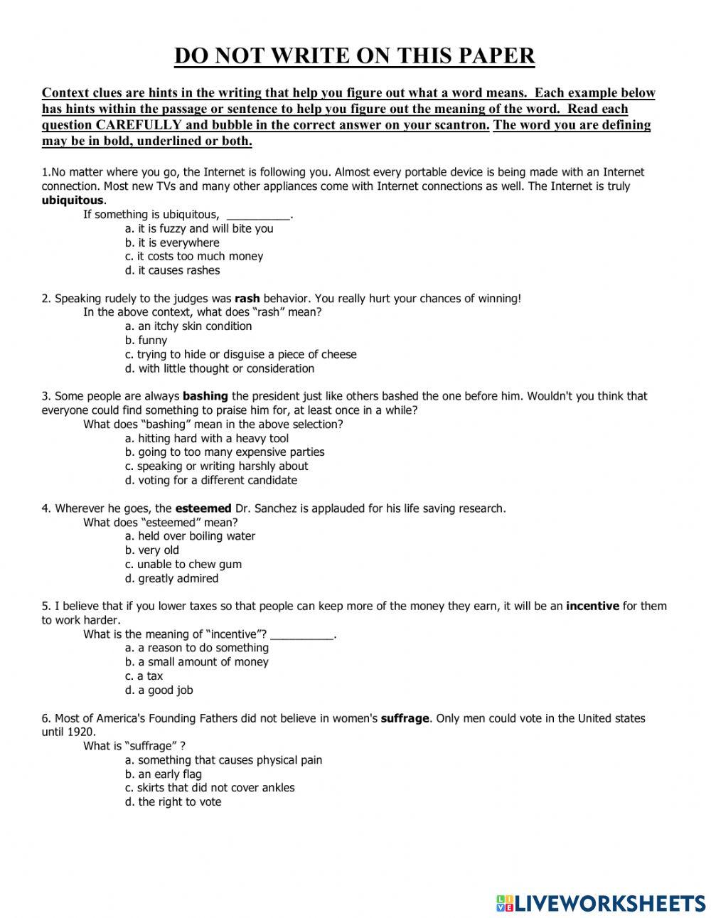Context Clues Assessment Context Clues Assessment
