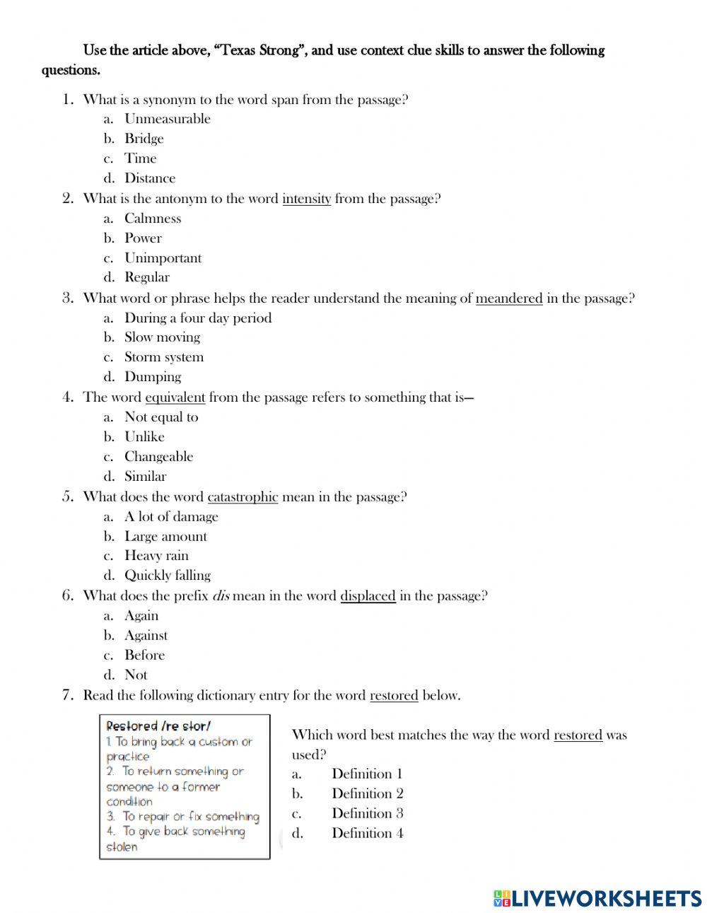 Context Clues-Texas Strong Assessment Context Clues-Texas Strong Assessment