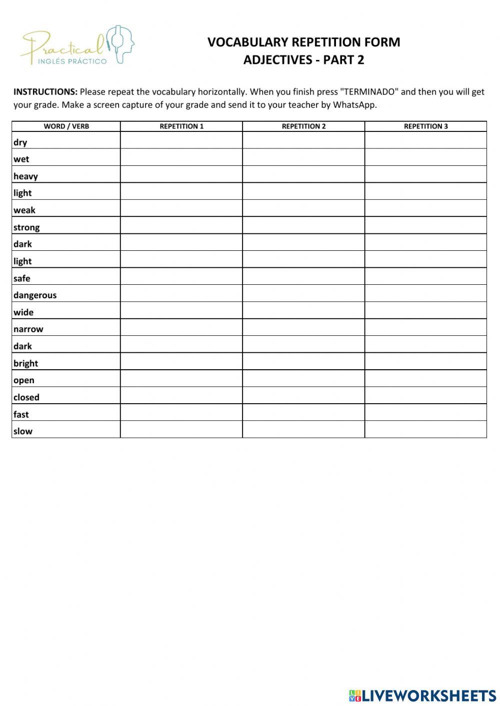 Vocabulary repetition form - adjectives - part 2
