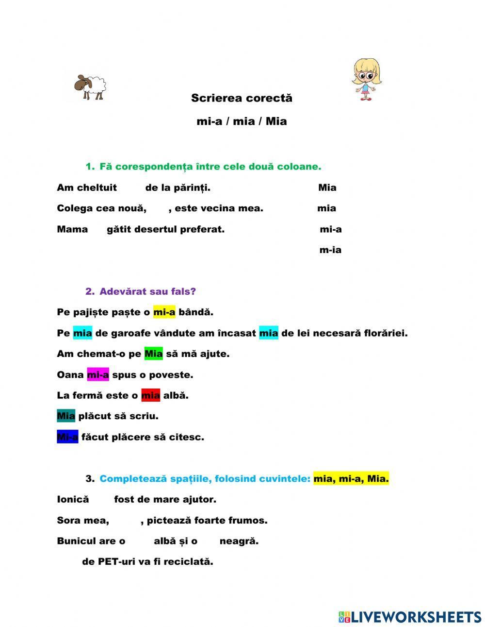 Scrierea corectă mi-a - mia - Mia