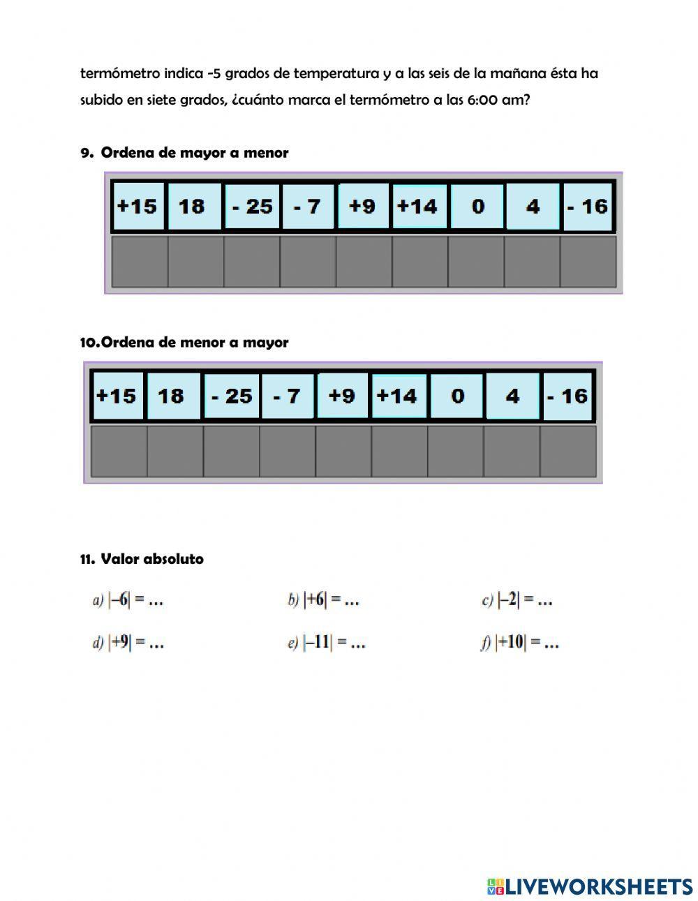 Los números enteros: representación, relación orden, opuestos y valor absoluto
