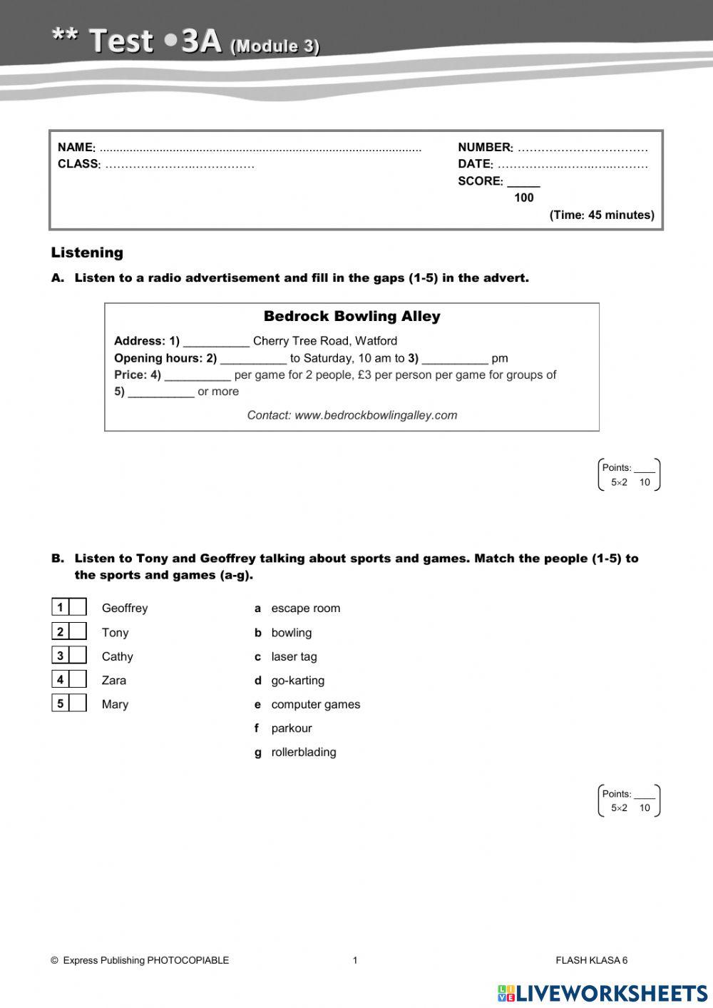Flash Klasa 5 Test Unit 1 Module 3 Flash 6 Test online exercise for | Live Worksheets