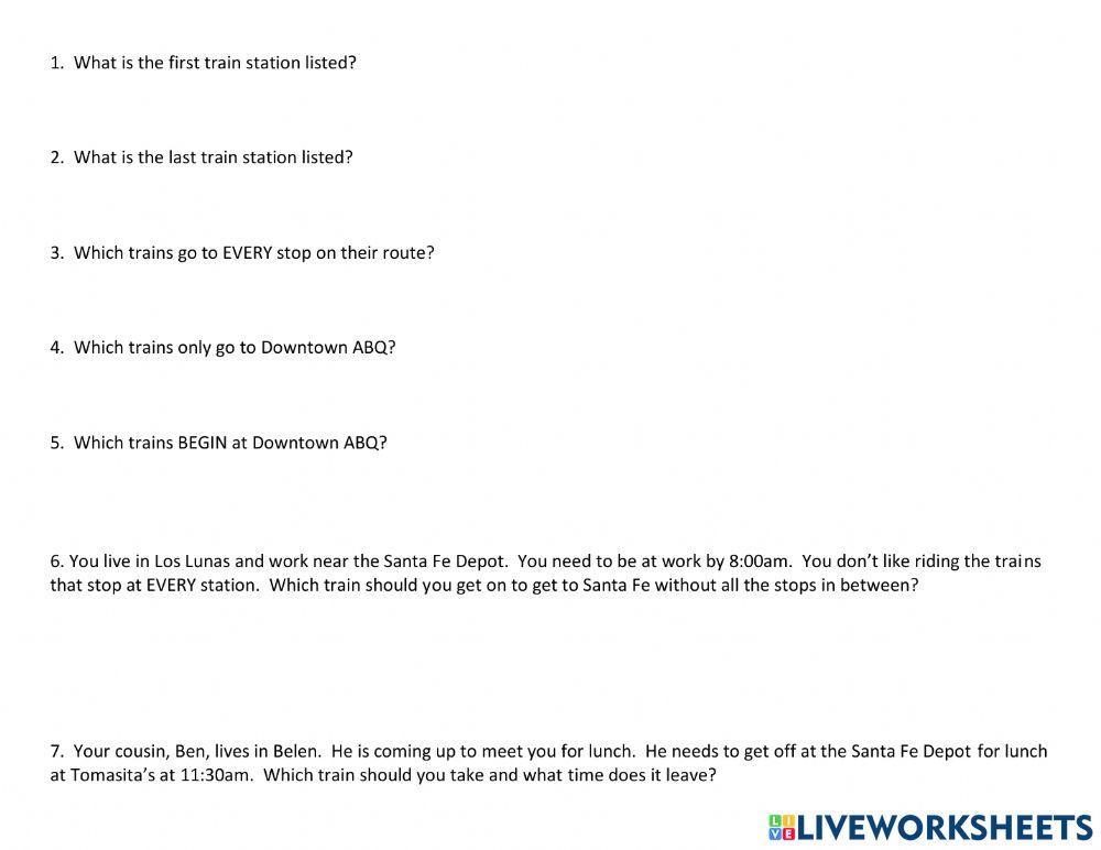 Rail runner schedule northbound worksheet live worksheets