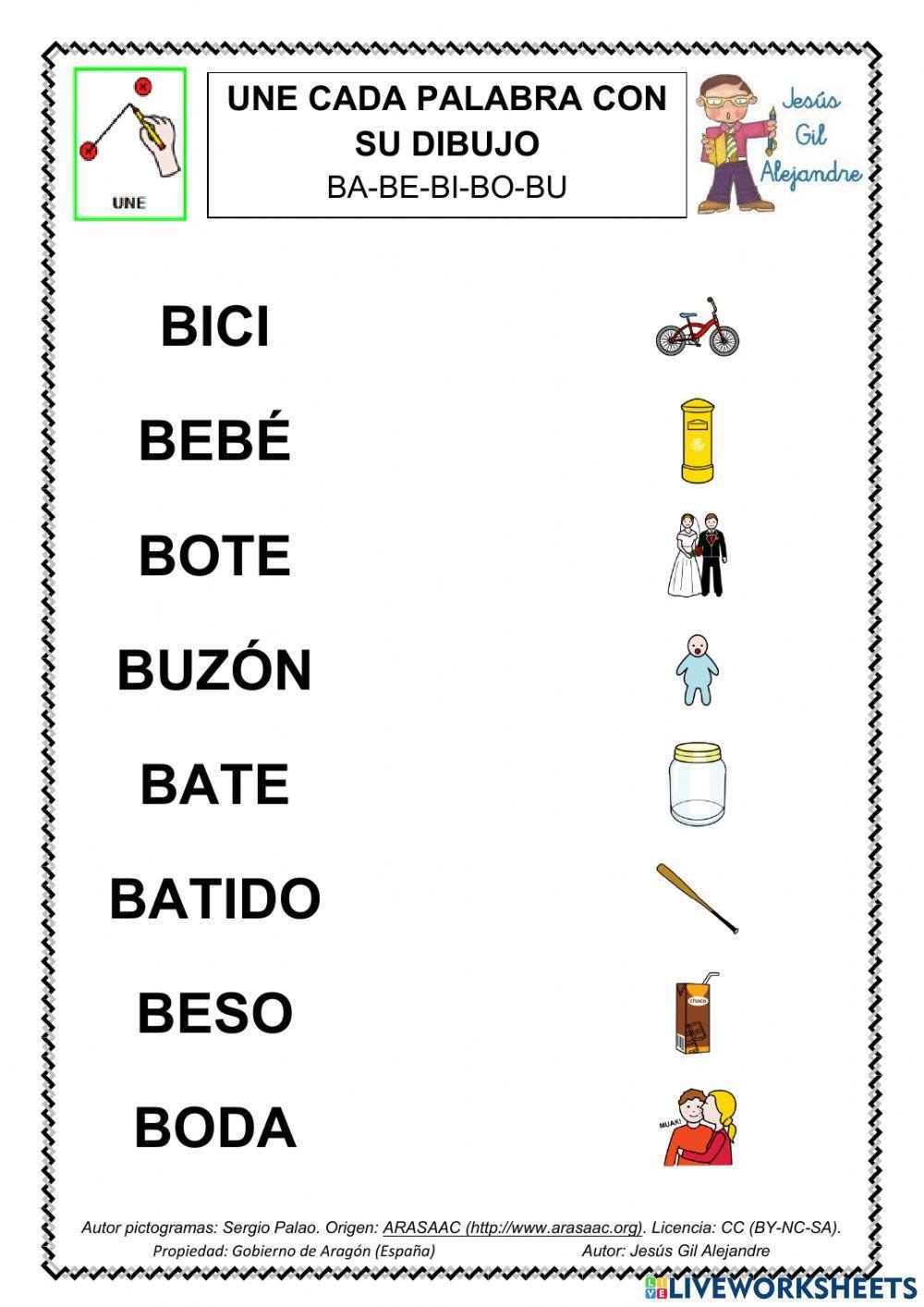 Une palabra y dibujo ba be bi bo bu MAYÚSCULAS