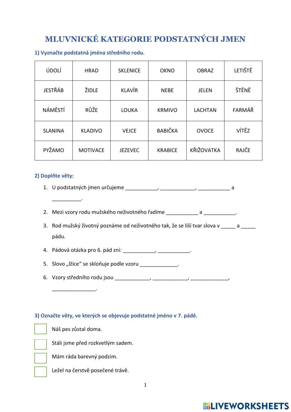 Pracovní list - Mluvnické kategorie podstatných jmen