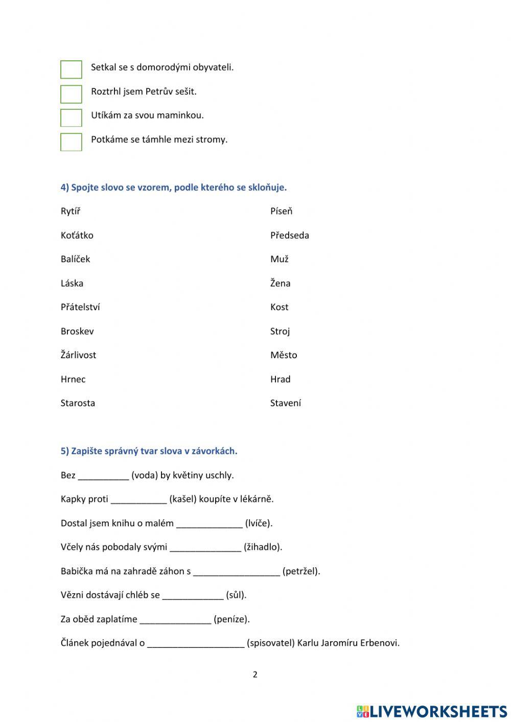Pracovní list - Mluvnické kategorie podstatných jmen