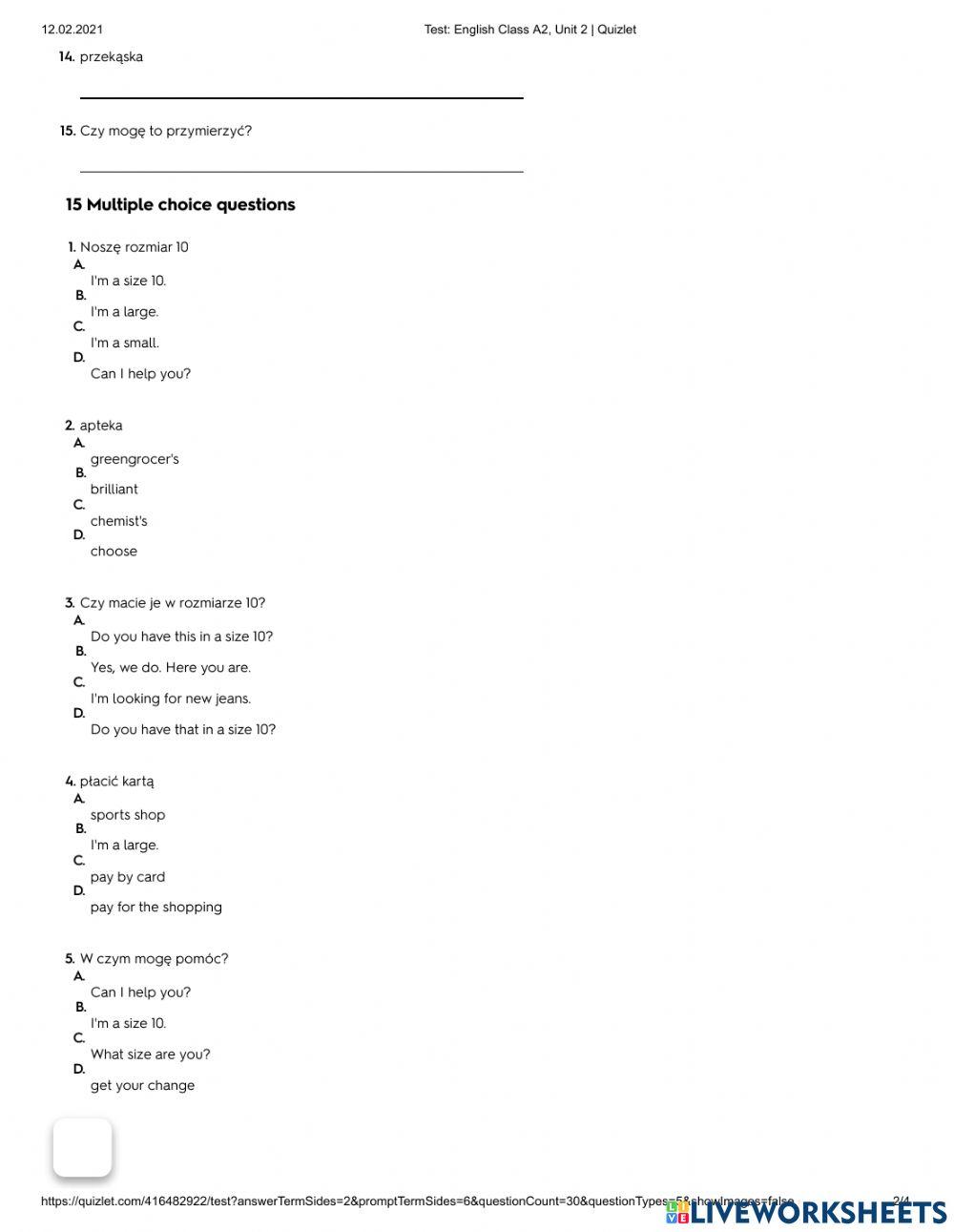 EC A2 Unit 2 vocab test