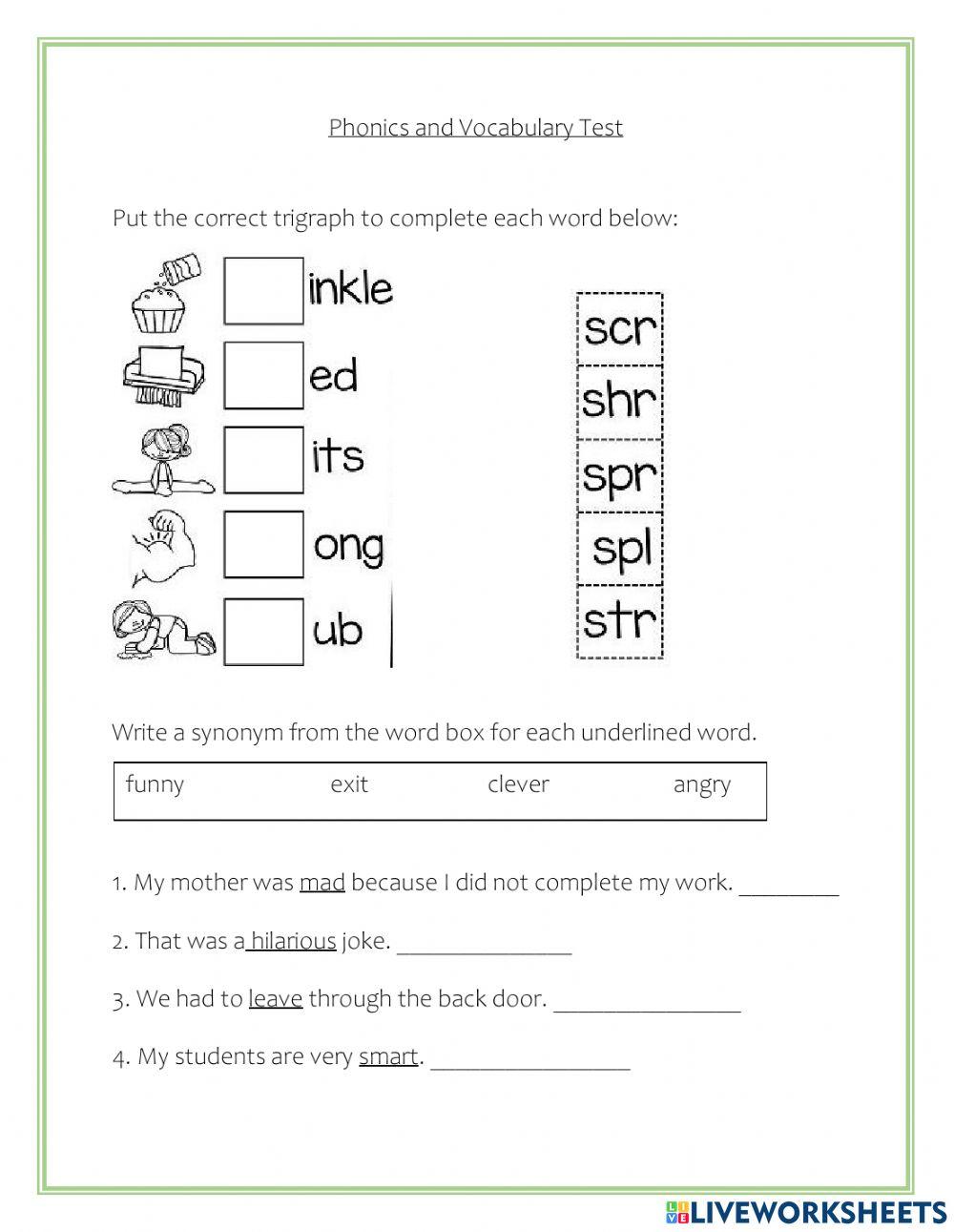 Phonics and Vocabulary Feb 12th Test
