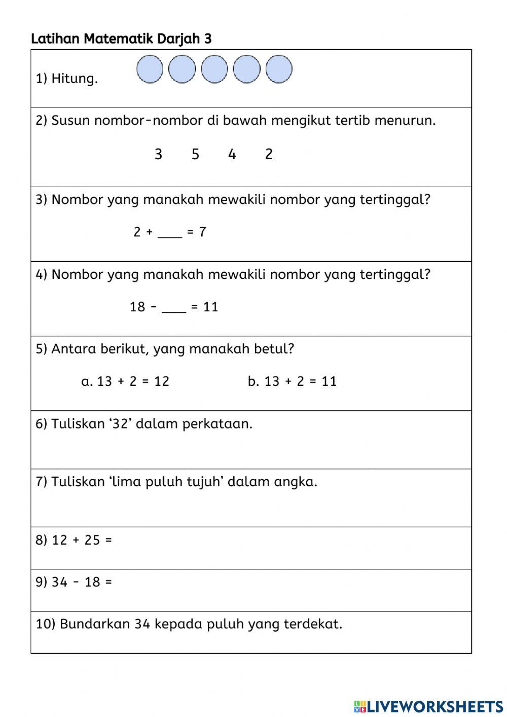 Latihan Matematik Tahun 2 & 3