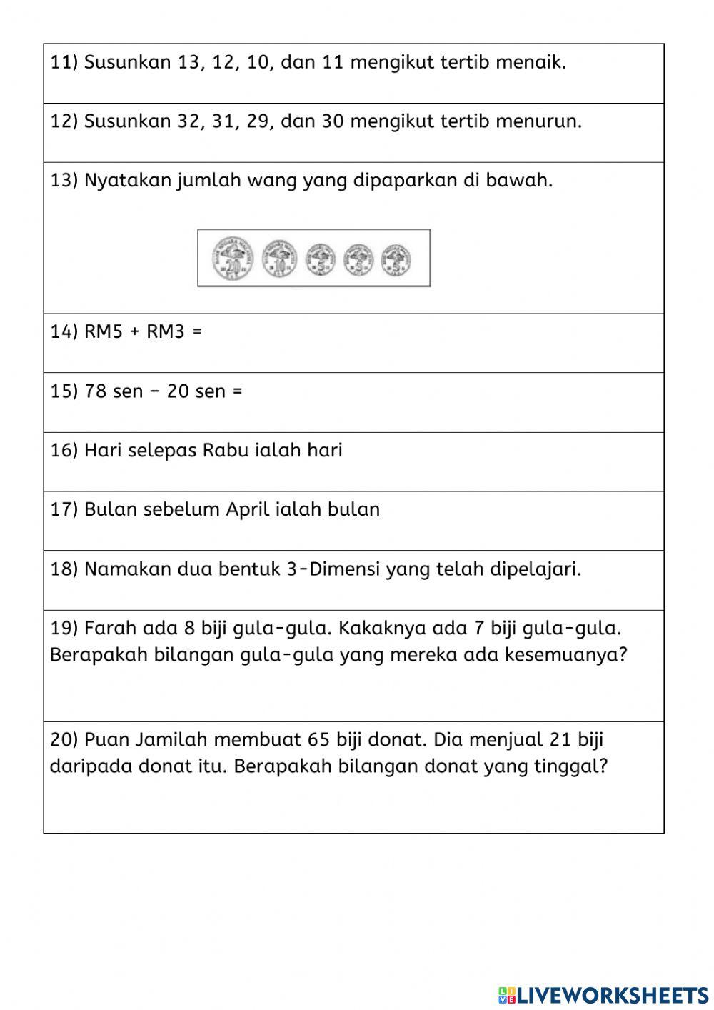 Latihan Matematik Tahun 2 & 3