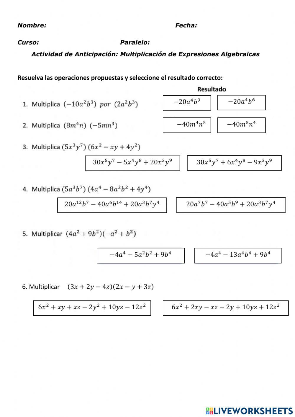 Multiplicación de Expresiones Algebraicas