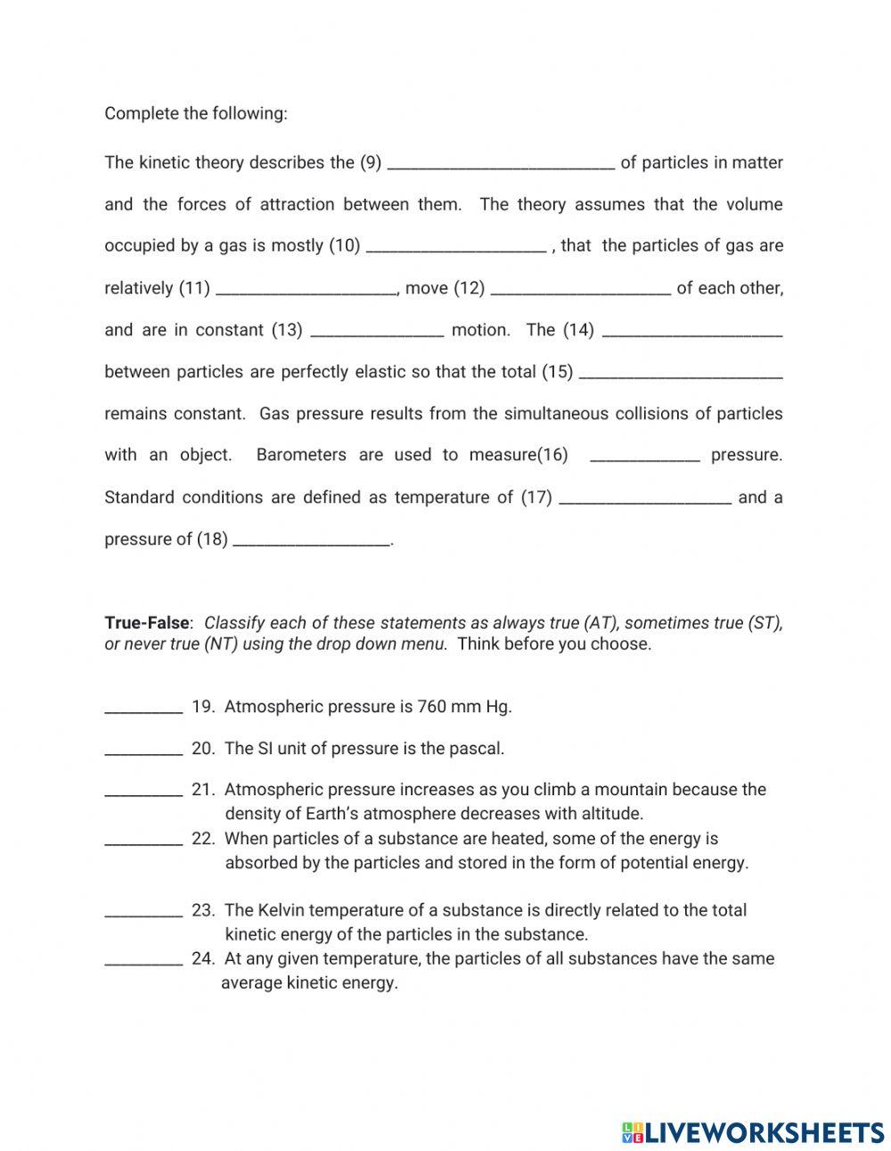 Chemistry Kinetic Molecular Theory Part 1 Study Guide
