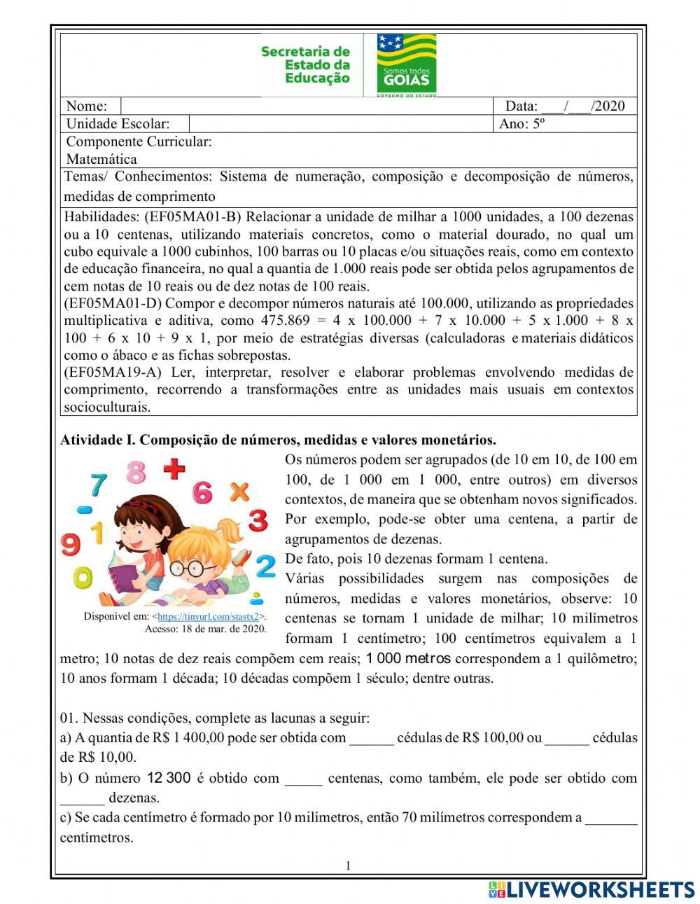 Sistema de numeração, composição e decomposição de números,