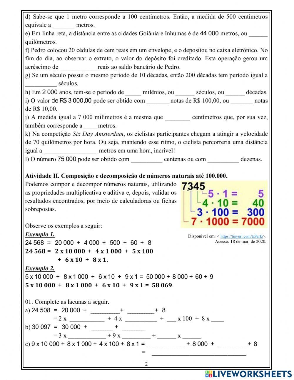 Sistema de numeração, composição e decomposição de números,