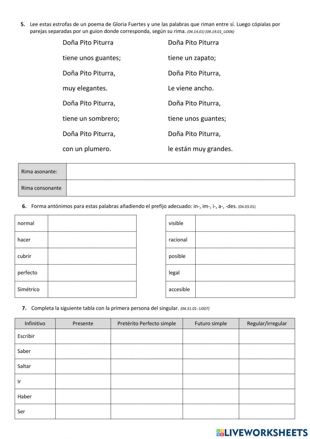 Control de la Unidad 5 de lengua- 6º Primaria