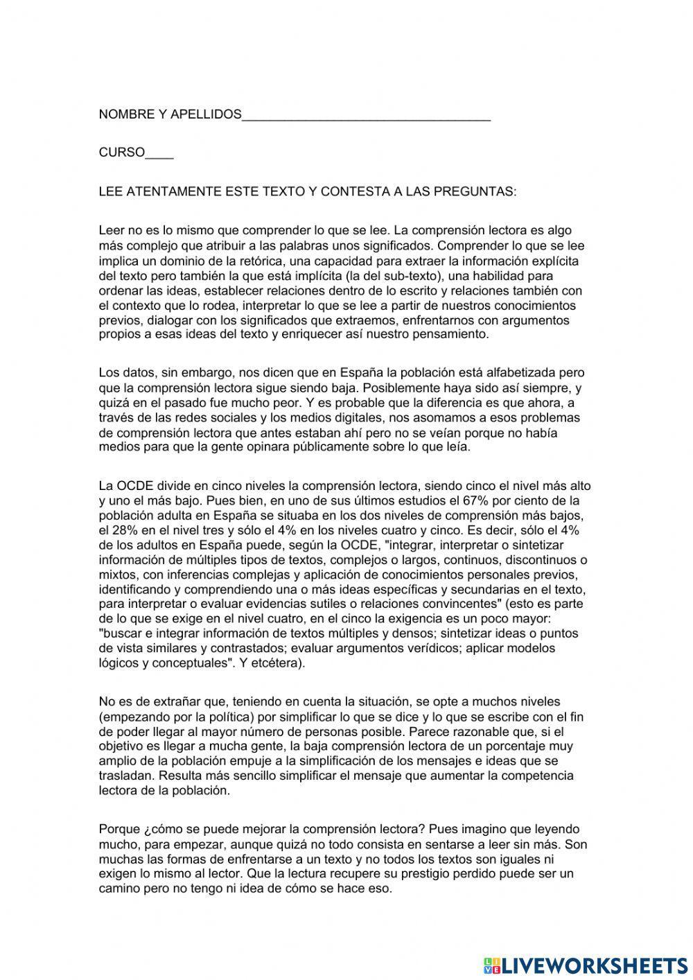 Comprensión lectora de texto argumentativo