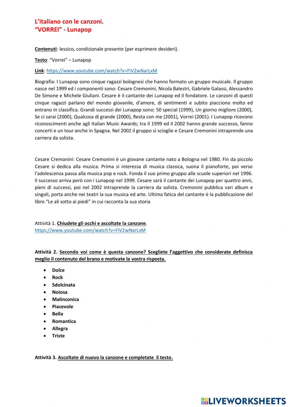 Italiano con le canzoni. Vorrei.