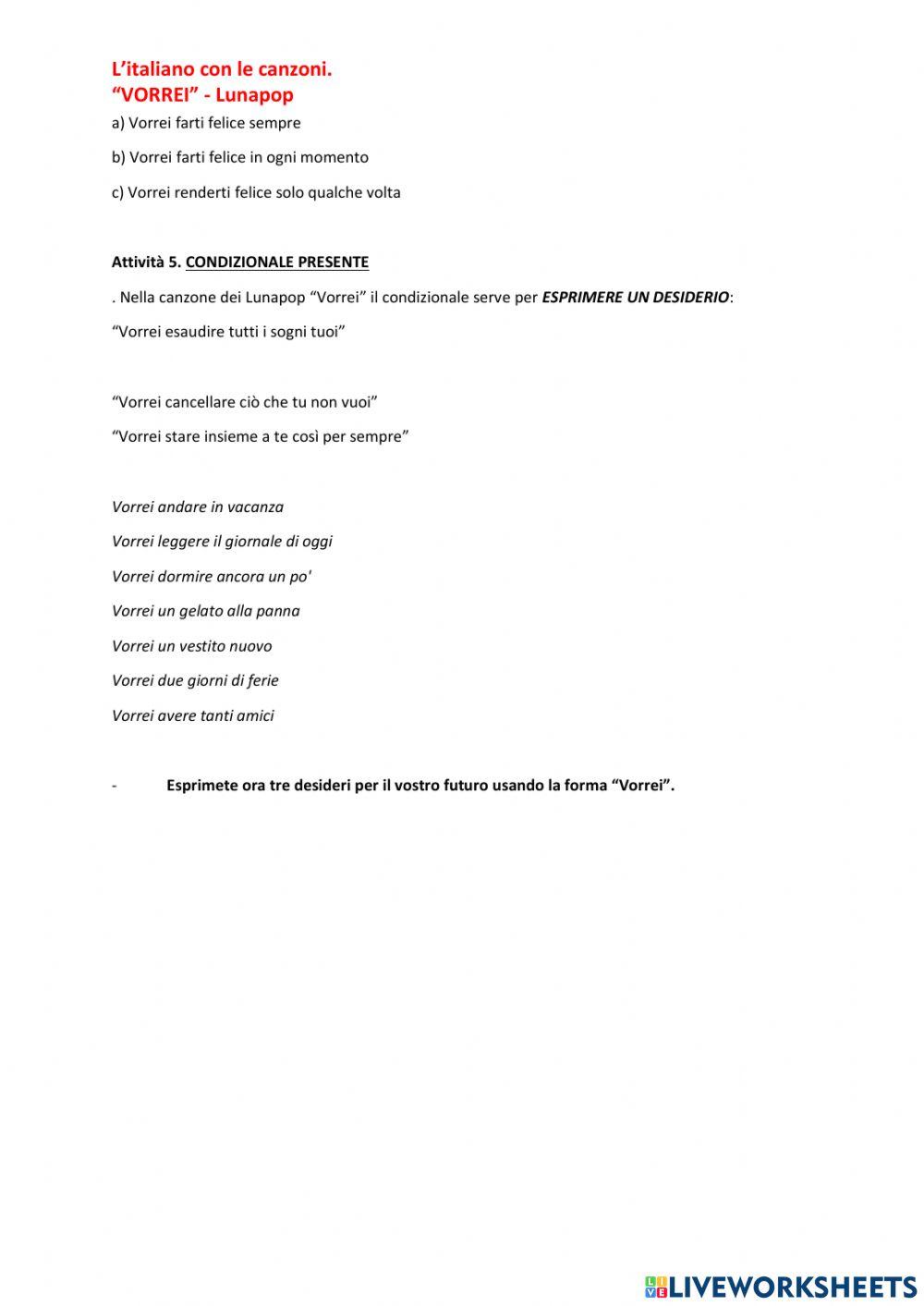 Italiano con le canzoni. Vorrei.