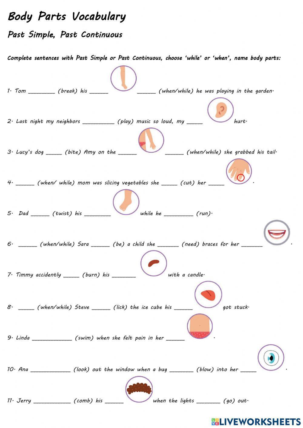 Body Parts Vocabulary Past Simple, Past Continuous