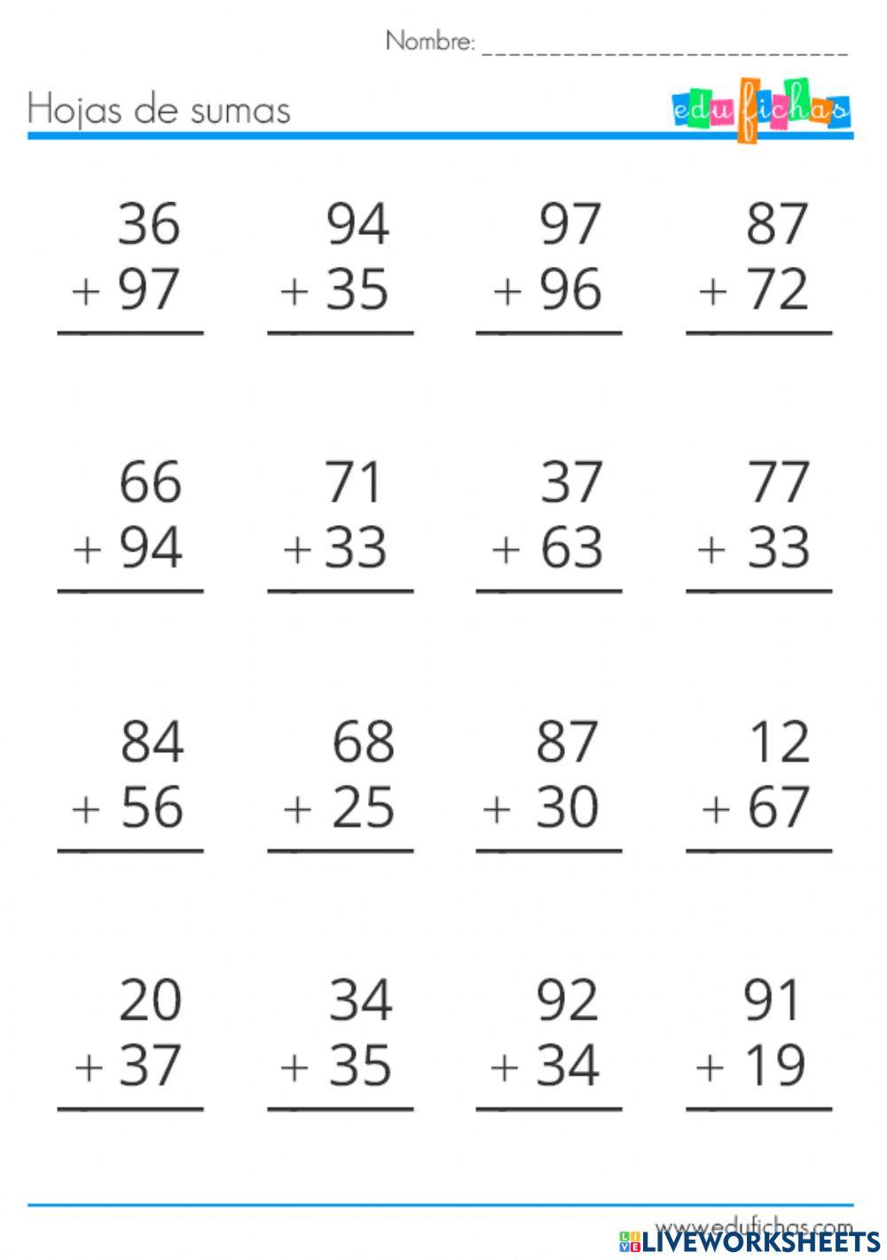 Ejercicios de adicion de dos cifras
