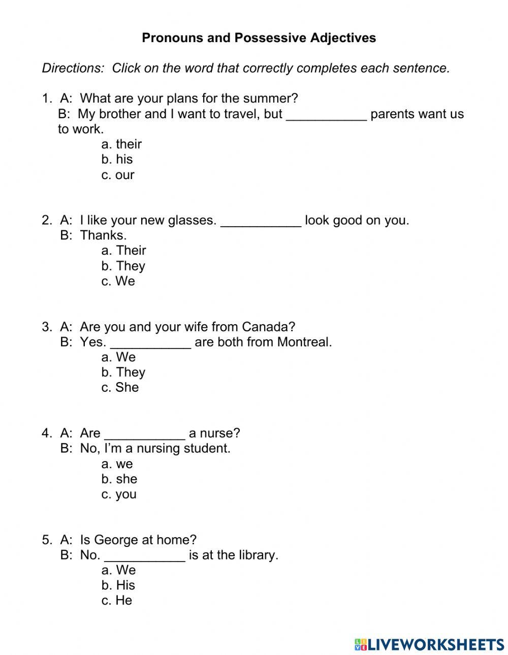Subject Pronouns and Possessive Adjectives 2