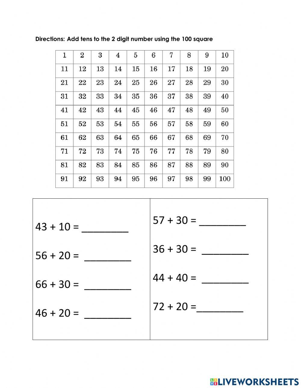 Addition tens to two digit numbers using 100 square