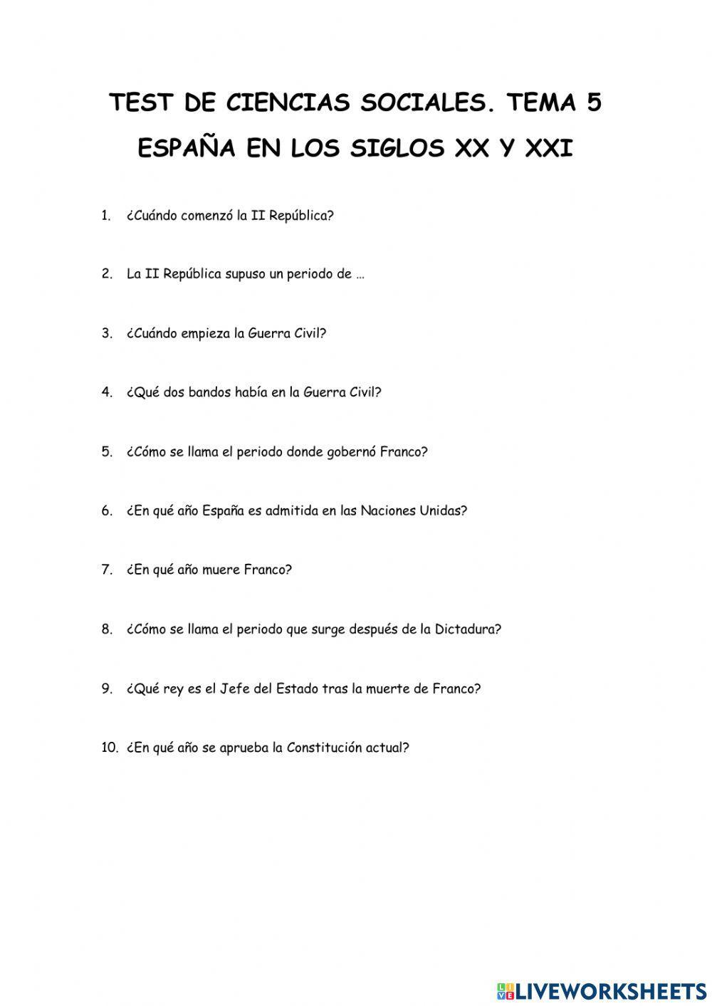 Test Sociales España en los siglos XX y XXI