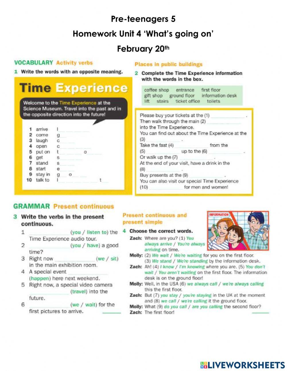 Activity verbs- Palces in public buildings- Present continuous and present simple