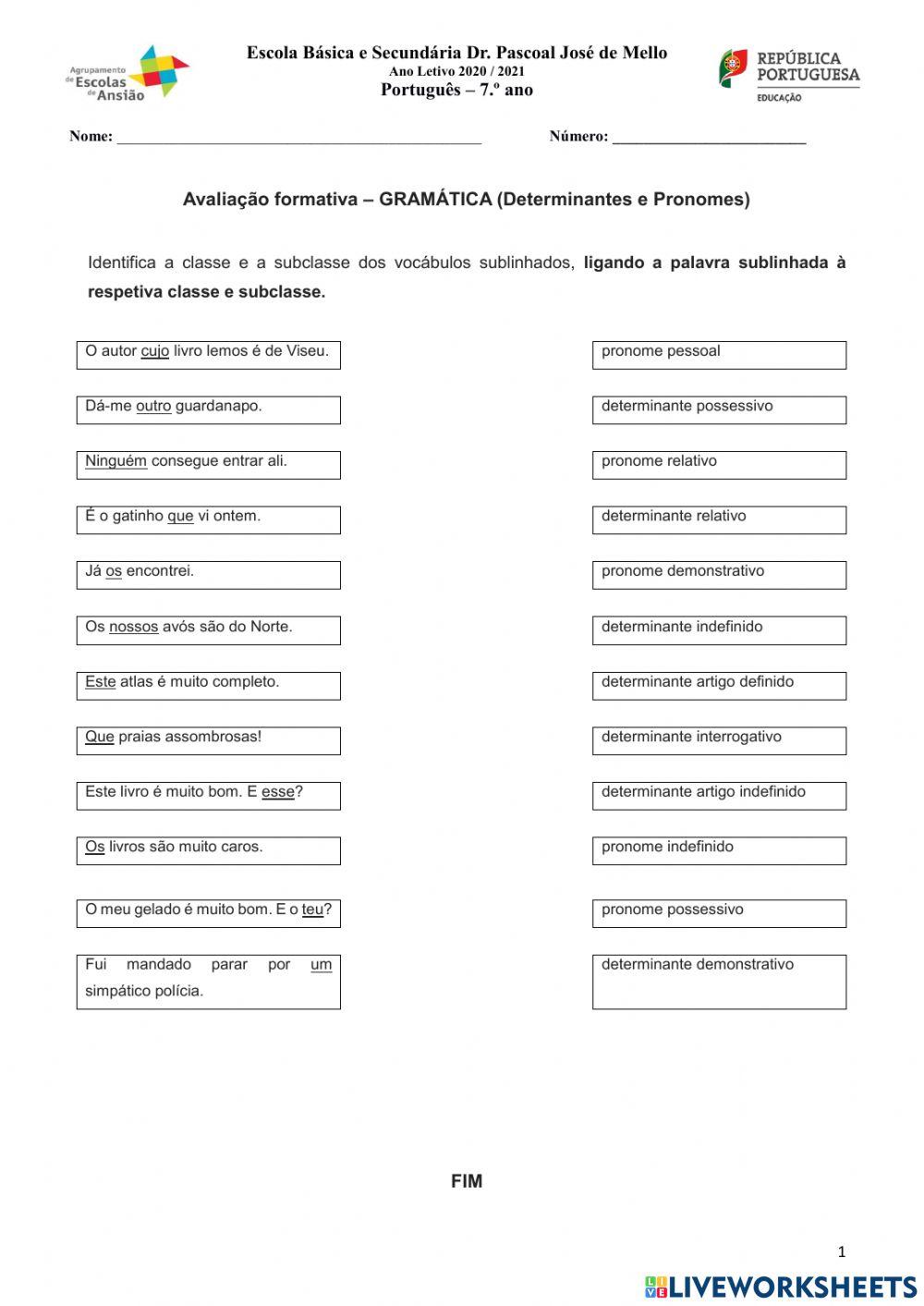 Ficha de avaliação formativa - gramática
