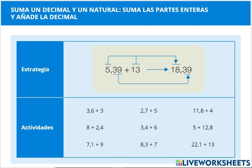 CÁLCULO MENTAL 6º: 9.1 Suma un número decimal y un natural