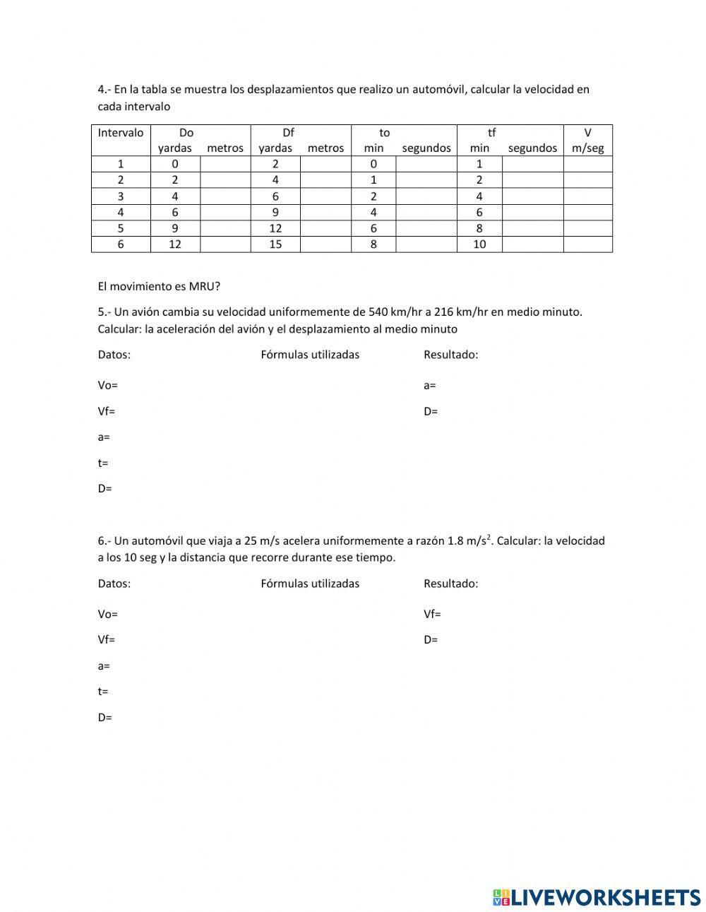 Ejercicios de MR, MRU, MRUA
