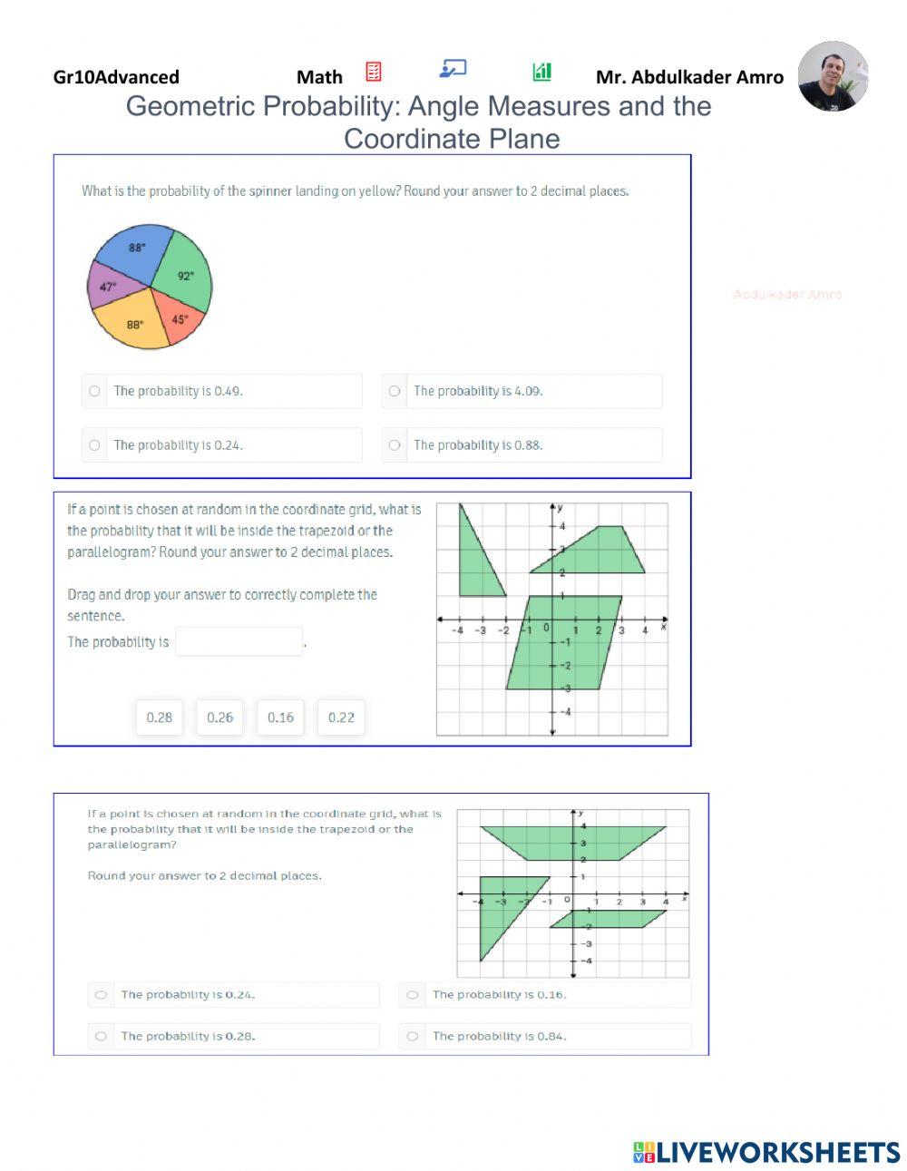 Geometric Probability Angle Measures and the Coordinate Plane worksheet ...