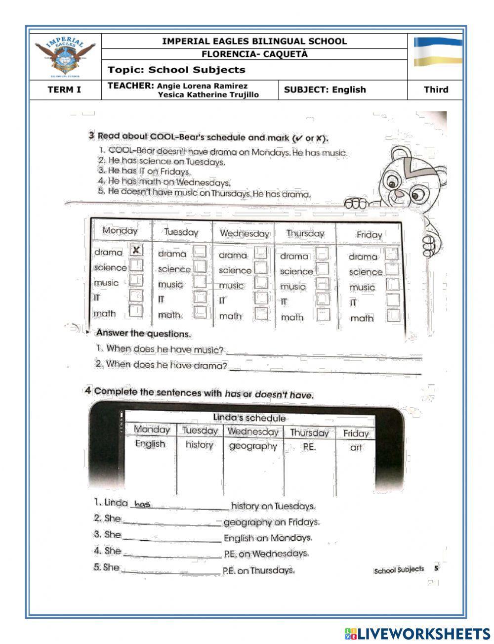 Workbook school subjects