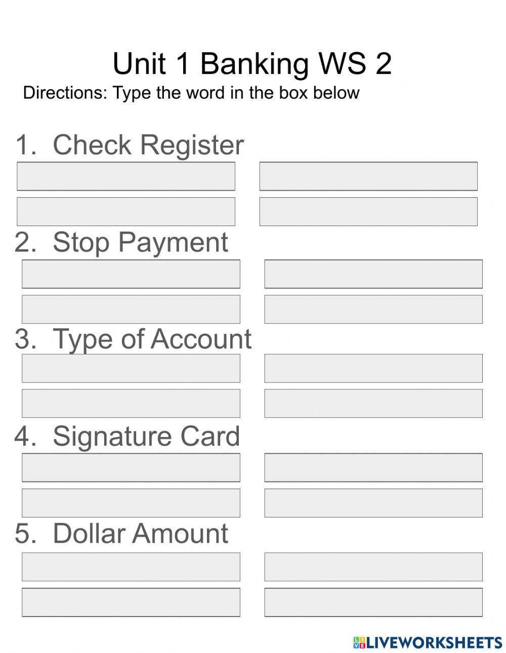 Unit 1 Banking Words WS -2 worksheet | Live Worksheets